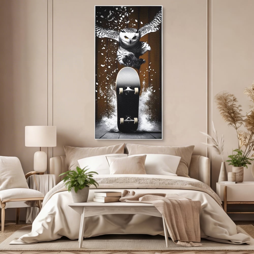 Tablou canvas cu tablou canvas cu bufnita pe skateboard, in rama de aluminiu argintiu, pe perete intr-un dormitor